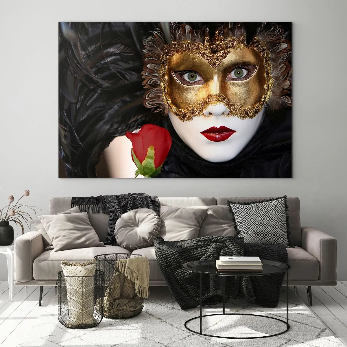 Impression sur verre - Image sur verre - Masque de carnaval avec une rose rouge - 100x70cm - Parce que la vie est un grand bal - Décoration murale moderne pour le salon et la chambre ARTTOR