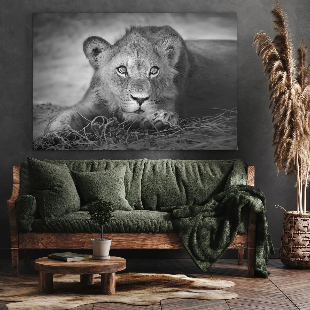 Impression sur toile - Image sur toile - Portrait monochrome d'un jeune lion couché - 70x50cm - Chiot royal - Décoration murale moderne pour le salon et la chambre ARTTOR