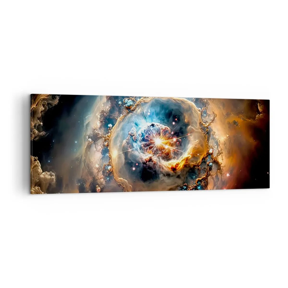 Impression sur toile - Image sur toile - Une vision abstraite d'une explosion cosmique dans des tons d'or et de bleu. - 140x50cm - Le début - Décoration murale moderne pour le salon et la chambre ARTTOR