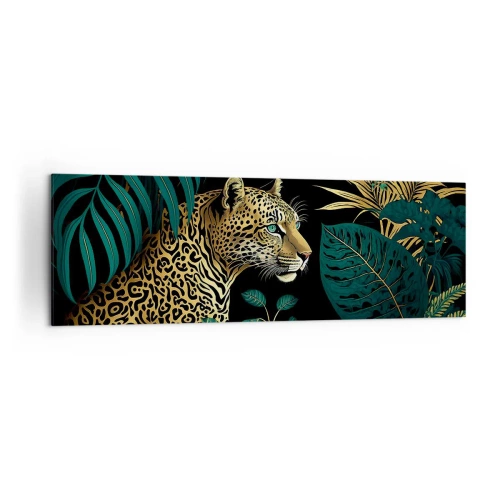 Impression sur toile - Image sur toile - Léopard dans des feuilles tropicales sur fond noir - 160x50cm - Un hôte dans la jungle - Décoration murale moderne pour le salon et la chambre ARTTOR