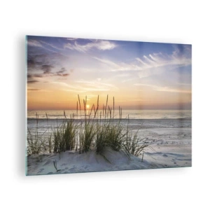 Impression sur verre - Image sur verre - Coucher de soleil sur une plage herbeuse - 70x50cm - Regarde, pense, ressent - Décoration murale moderne pour le salon et la chambre ARTTOR