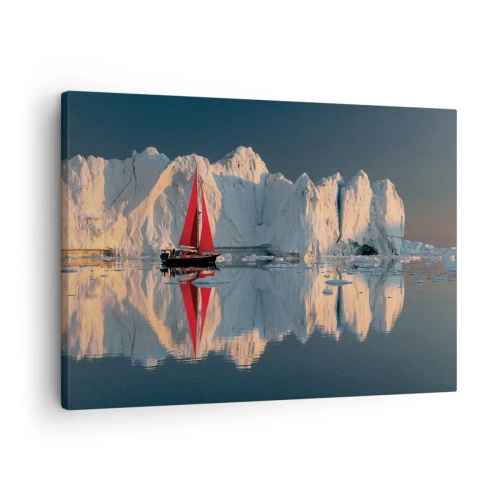 Impression sur toile - Image sur toile - Un voilier avec une voile rouge sur fond de glacier - 70x50cm - Aux limites du monde - Décoration murale moderne pour le salon et la chambre ARTTOR