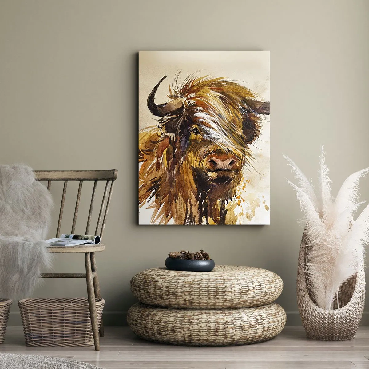 Impression sur toile - Image sur toile - Portrait d'un taureau dans un style aquarelle artistique - 50x70cm - Fierté du chasseur - Décoration murale moderne pour le salon et la chambre ARTTOR