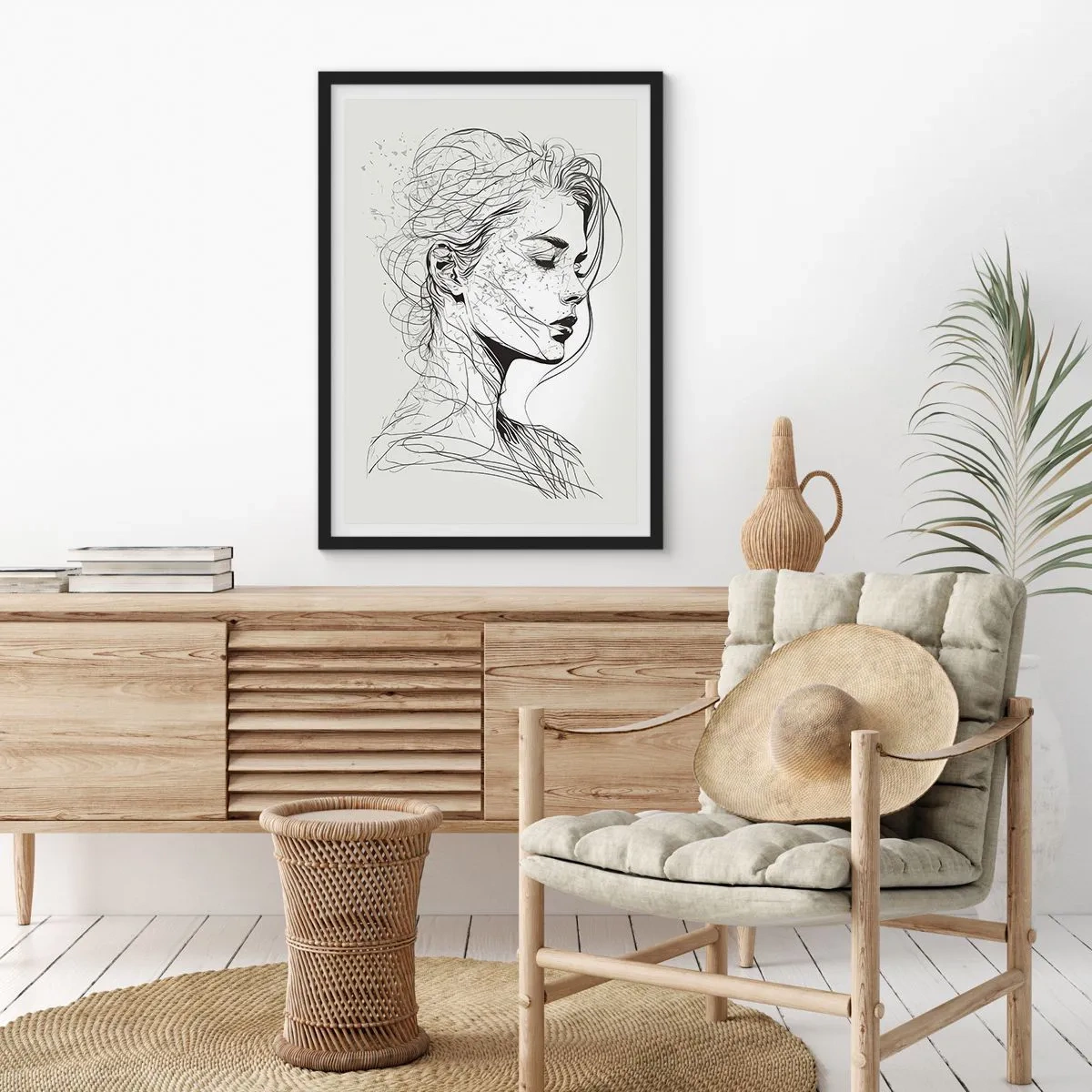 Affiche dans un cadre noir - Poster - Un croquis d'une femme aux cheveux flottants, créé dans un style minimaliste. - 50x70cm - Portrait en pensée - Décoration murale moderne pour le salon et la chambre ARTTOR