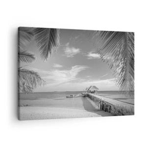 Impression sur toile - Image sur toile - Plage noire et blanche avec jetée et palmiers sur une côte tropicale - 70x50cm - Souvenirs ou rêve? - Décoration murale moderne pour le salon et la chambre ARTTOR