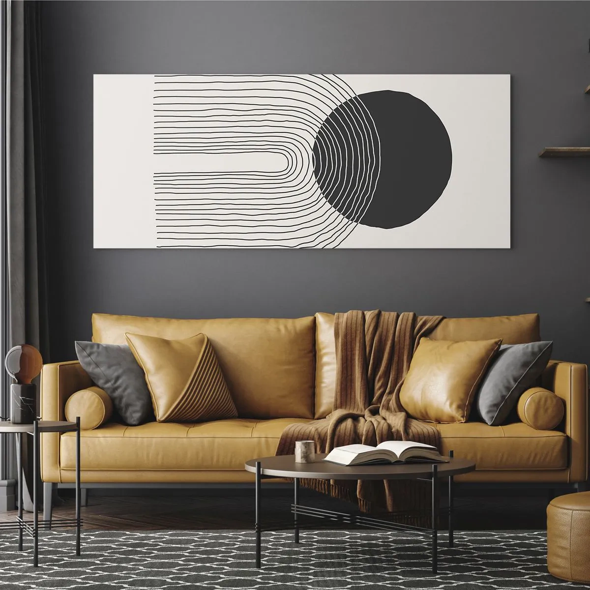 Impression sur verre - Image sur verre - Motif abstrait avec des lignes et un cercle noir sur un fond clair - 120x50cm - Tremblement et confiance - Décoration murale moderne pour le salon et la chambre ARTTOR