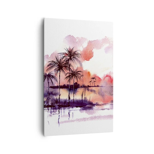 Impression sur toile - Image sur toile - Paysage tropical avec palmiers au coucher du soleil à l'aquarelle - 80x120cm - La tranquillité des tropiques en rouge - Décoration murale moderne pour le salon et la chambre ARTTOR