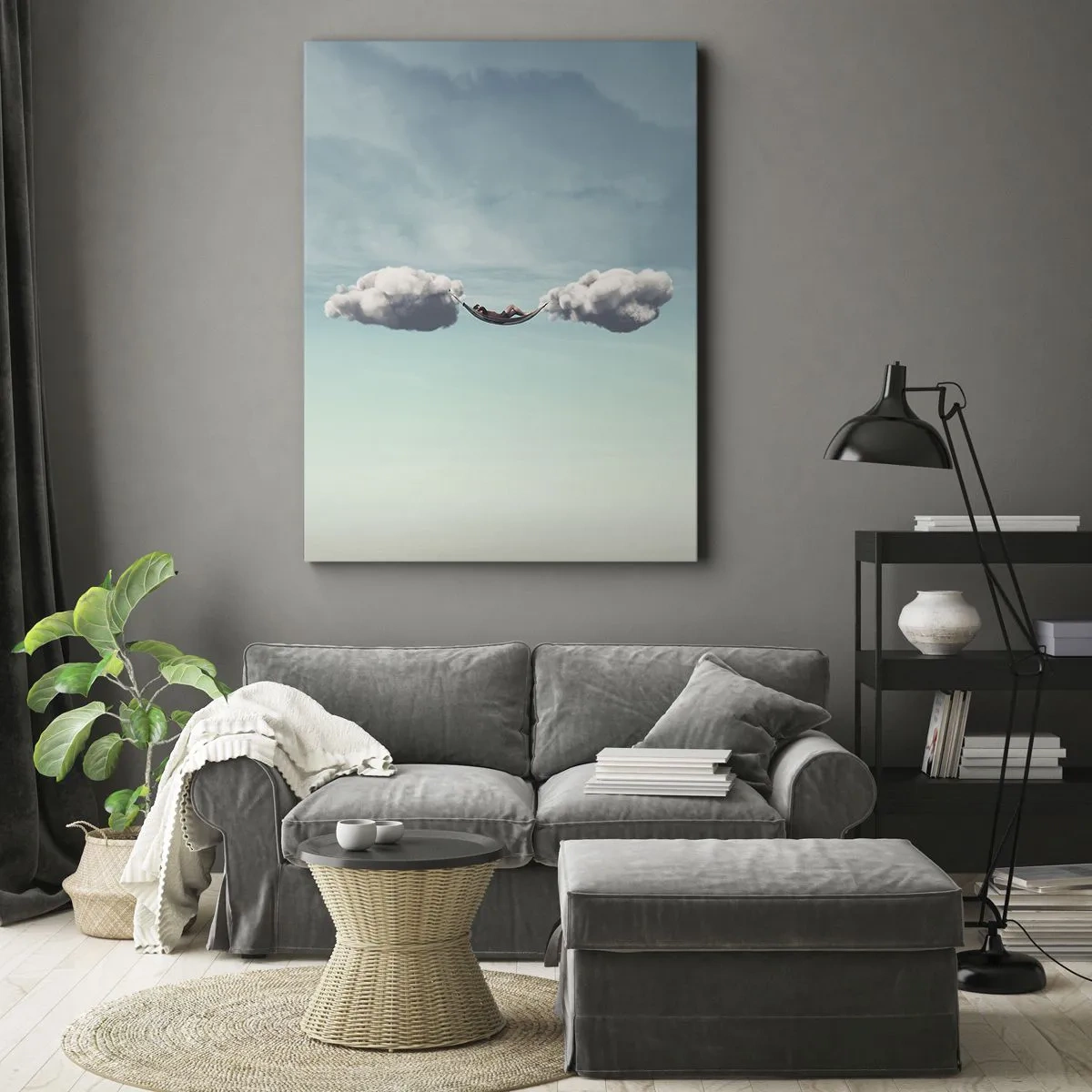 Impression sur toile - Image sur toile - Une personne se détendant dans un hamac suspendu dans les nuages - 70x100cm - Instant de bonheur - Décoration murale moderne pour le salon et la chambre ARTTOR