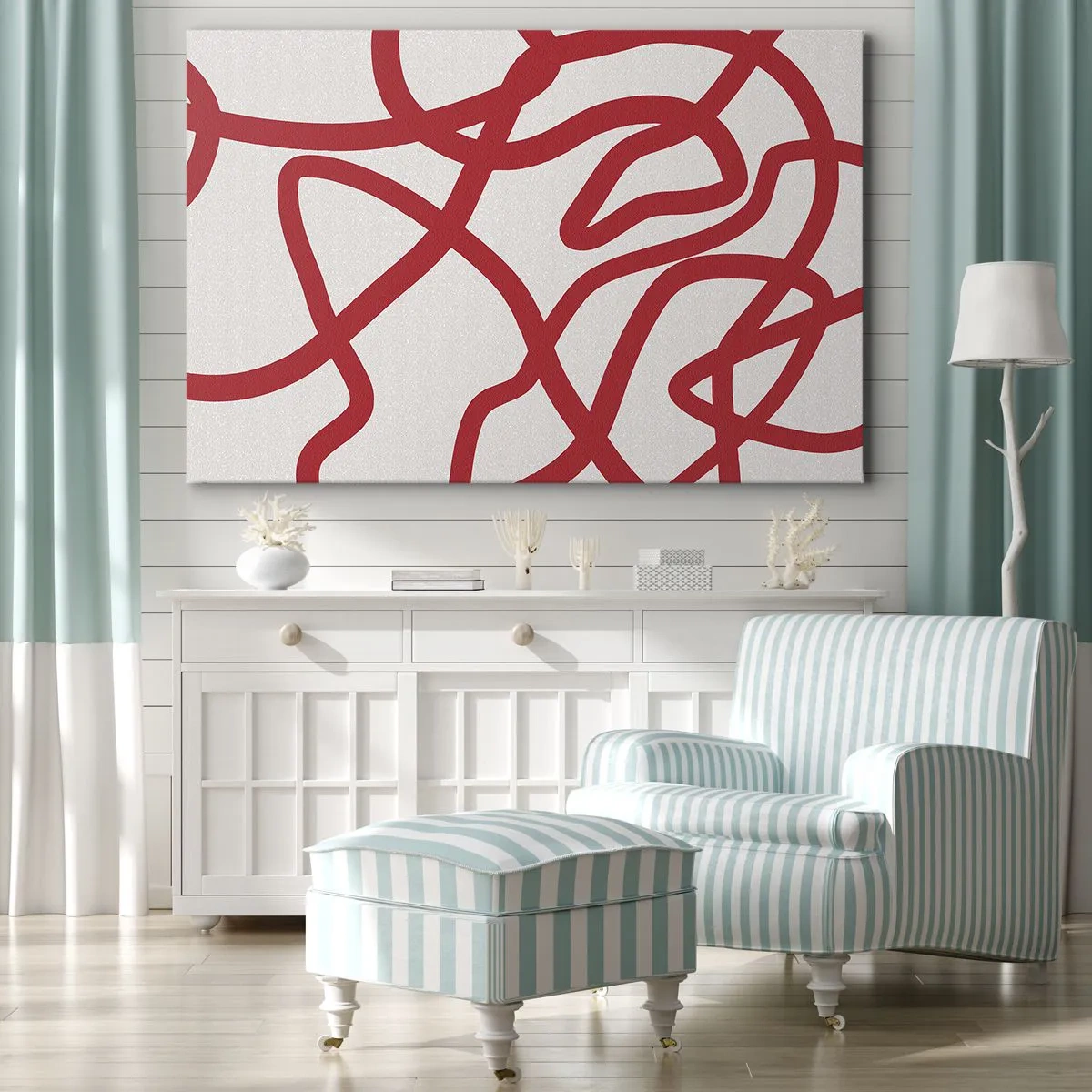 Impression sur toile - Image sur toile - Lignes abstraites rouges sur fond blanc - 70x50cm - Rouge sur blanc - Décoration murale moderne pour le salon et la chambre ARTTOR