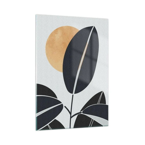 Impression sur verre - Image sur verre - Feuilles stylisées en noir avec un soleil orange en arrière-plan - 50x70cm - Une chaude journée d'été - Décoration murale moderne pour le salon et la chambre ARTTOR