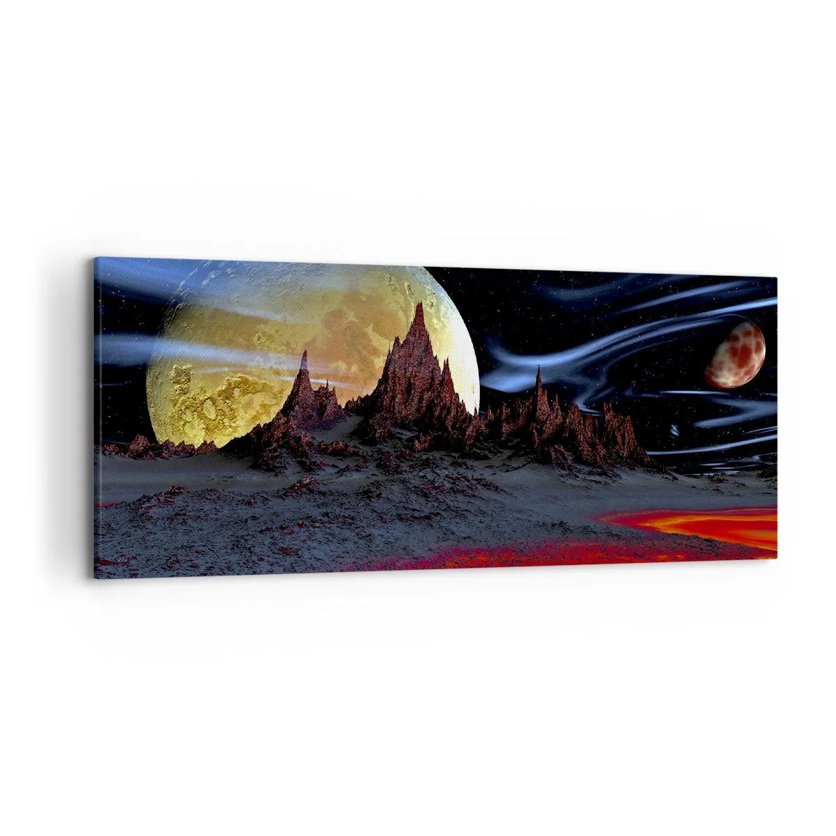 Impression sur toile - Image sur toile - Un paysage fantastique avec des planètes et des paysages volcaniques - 120x50cm - Monde inconnu - Décoration murale moderne pour le salon et la chambre ARTTOR