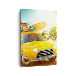 Impression sur toile - Image sur toile - Une voiture jaune avec des bagages dans un paysage tropical - 70x100cm - Un voyage pour plus d'un sourire - Décoration murale moderne pour le salon et la chambre ARTTOR