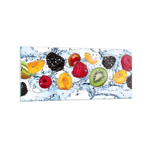 Impression sur verre - Image sur verre - Fruits colorés immergés dans des éclaboussures d'eau sur un fond blanc - 120x50cm - Amusez-vous avec nous - Décoration murale moderne pour le salon et la chambre ARTTOR
