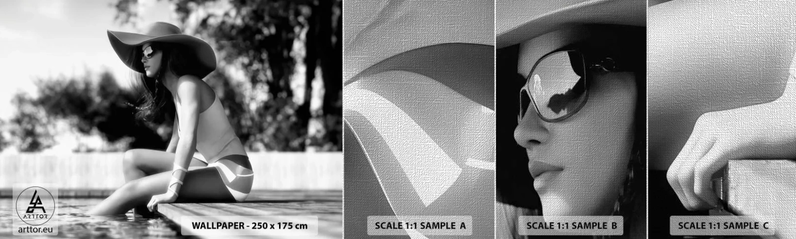 Échantillon de Papier Peint Premium Canvas - Rêve d'été - Femme, Chapeau, Piscine - 100x30 cm