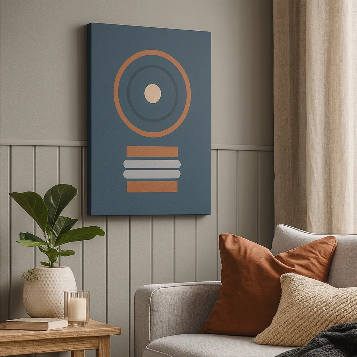 Impression sur toile - Image sur toile - Une composition géométrique avec des cercles et des rectangles aux couleurs sobres. - 50x70cm - Essence des choses - Décoration murale moderne pour le salon et la chambre ARTTOR