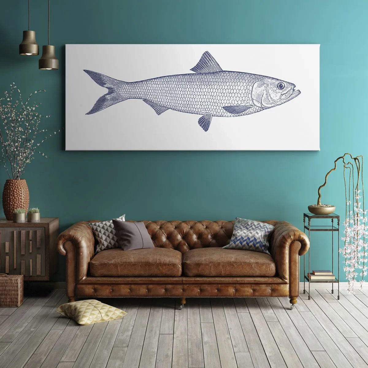 Impression sur toile - Image sur toile - Illustration d'un poisson dans des tons de bleu sur fond clair - 160x50cm - Salutations des mers du nord - Décoration murale moderne pour le salon et la chambre ARTTOR
