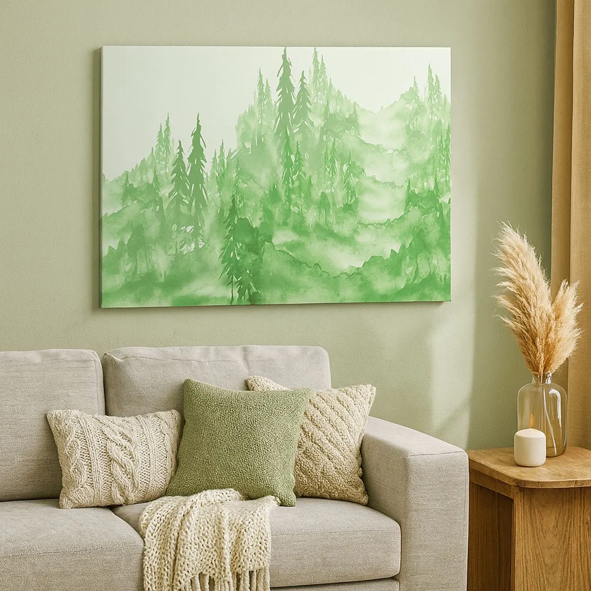 Impression sur toile - Image sur toile - Forêt verte dans un style aquarelle sur un fond clair - 70x50cm - Flou de brouillard vert - Décoration murale moderne pour le salon et la chambre ARTTOR