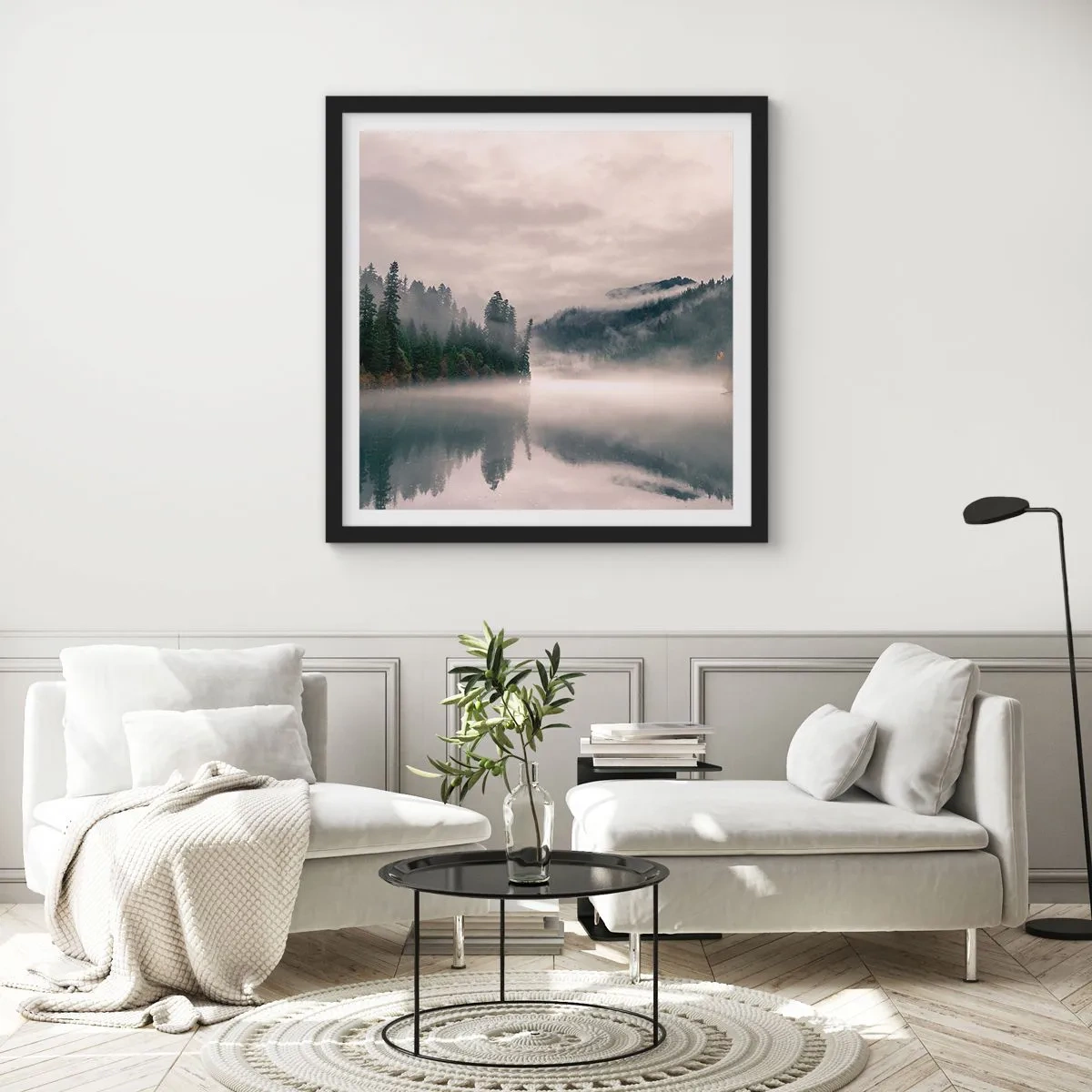 Affiche dans un cadre noir - Poster - Reflet dans le brouillard - 30x30 cm