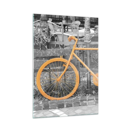 Impression sur verre - Image sur verre - Illustration d'un vélo peint en orange sur un fond noir et blanc. - 50x70cm - Allez, je vais attendre ici - Décoration murale moderne pour le salon et la chambre ARTTOR
