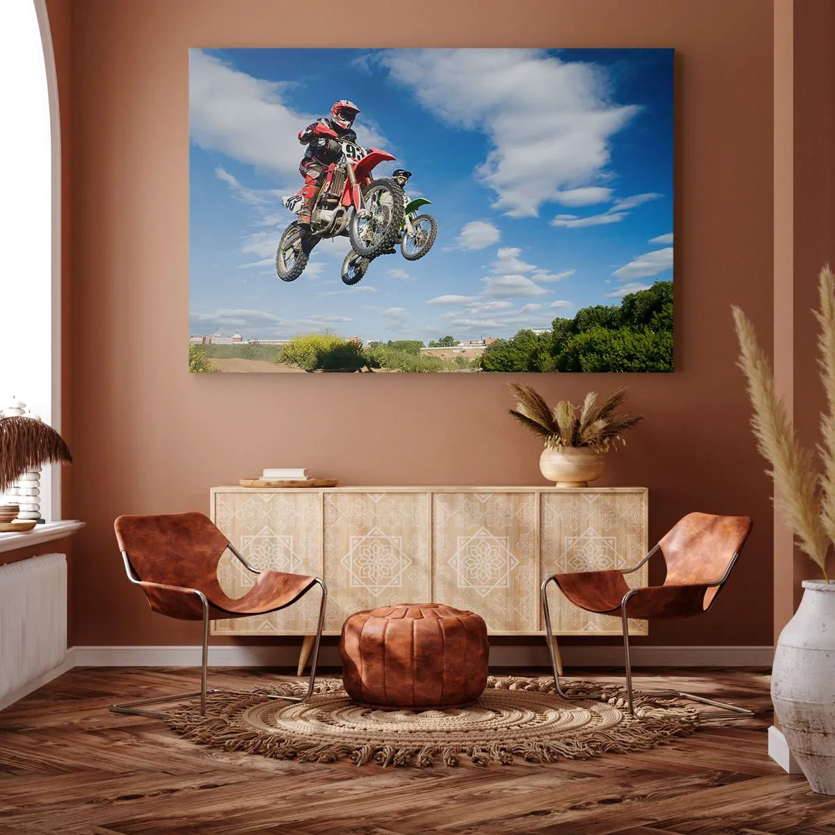 Impression sur toile - Image sur toile - Des pilotes de motocross dans les airs lors d'un saut - 100x70cm - Saut en parachute - Décoration murale moderne pour le salon et la chambre ARTTOR