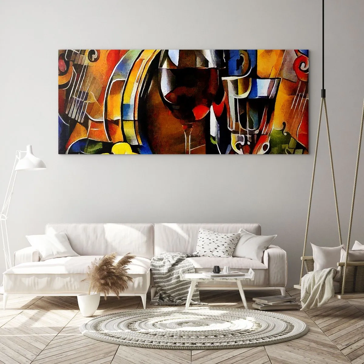 Impression sur verre - Image sur verre - Nature morte abstraite avec verres et instruments - 160x50cm - Et le monde prend des couleurs - Décoration murale moderne pour le salon et la chambre ARTTOR