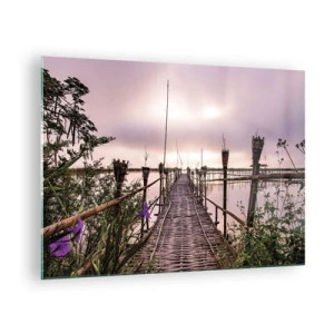 Impression sur verre - Image sur verre - Un pont en bambou traversant le lac, entouré de plantes et de fleurs - 70x50cm - Le silence et le calme d'Asie - Décoration murale moderne pour le salon et la chambre ARTTOR
