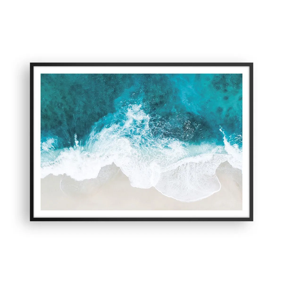 Affiche dans un cadre noir - Poster - Vagues turquoise de l'océan sur du sable clair - 100x70cm - Caresse naturelle - Décoration murale moderne pour le salon et la chambre ARTTOR