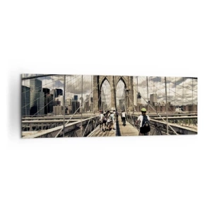 Impression sur toile - Image sur toile - Pont de Brooklyn avec vue sur les piétons et les cyclistes - 160x50cm - Directement en plein coeur de la ville - Décoration murale moderne pour le salon et la chambre ARTTOR