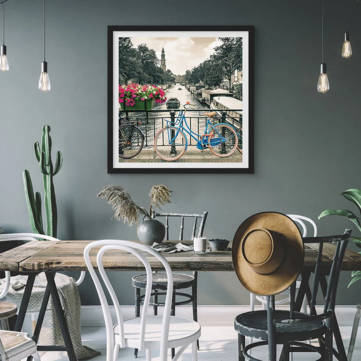 Affiche dans un cadre noir - Poster - Couleurs de rue d'Amsterdam - 40x40 cm