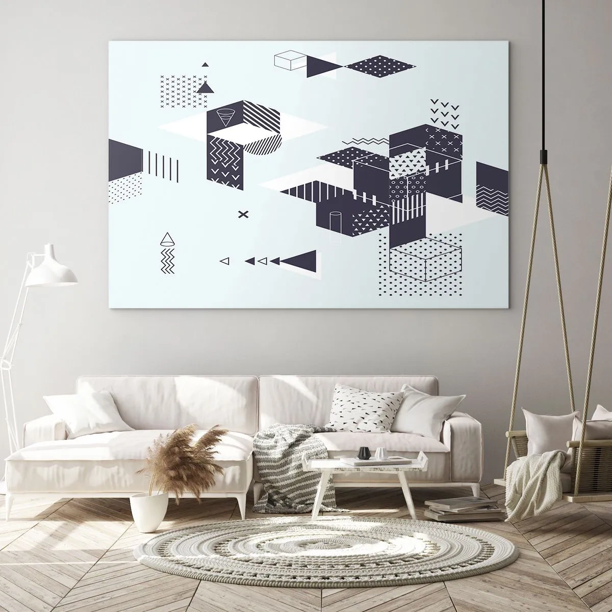 Impression sur verre - Image sur verre - Composition géométrique abstraite en noir et blanc sur fond clair - 100x70cm - Dans l'âme d'un mathématicien - Décoration murale moderne pour le salon et la chambre ARTTOR