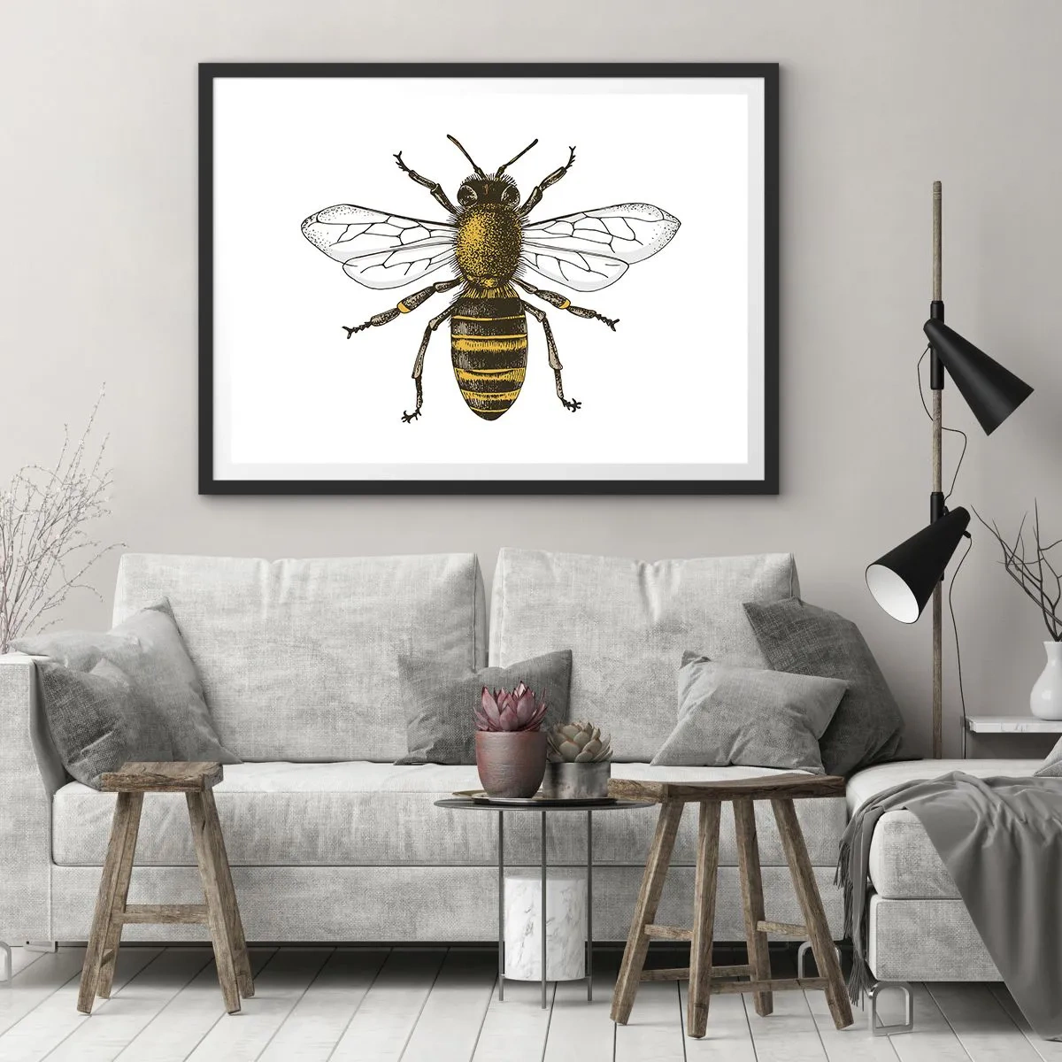 Affiche dans un cadre noir - Poster - Illustration détaillée d'une abeille sur fond blanc - 100x70cm - Belle et bonne - Décoration murale moderne pour le salon et la chambre ARTTOR