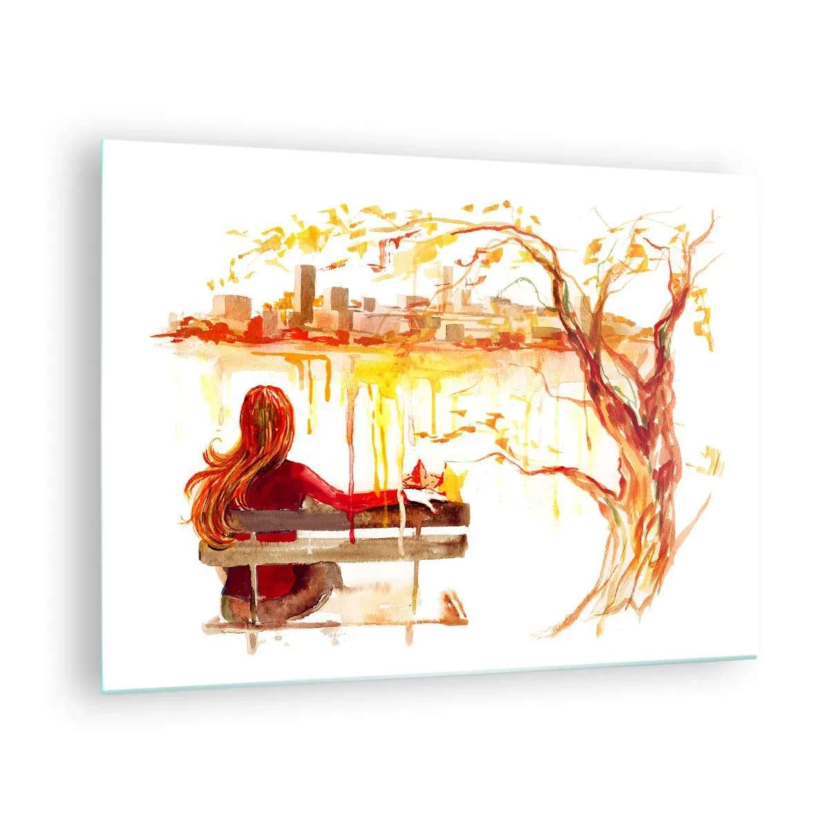 Impression sur verre - Image sur verre - Une figure sur un banc surplombant la ville à l'aquarelle - 70x50cm - Un moment de réflexion - Décoration murale moderne pour le salon et la chambre ARTTOR