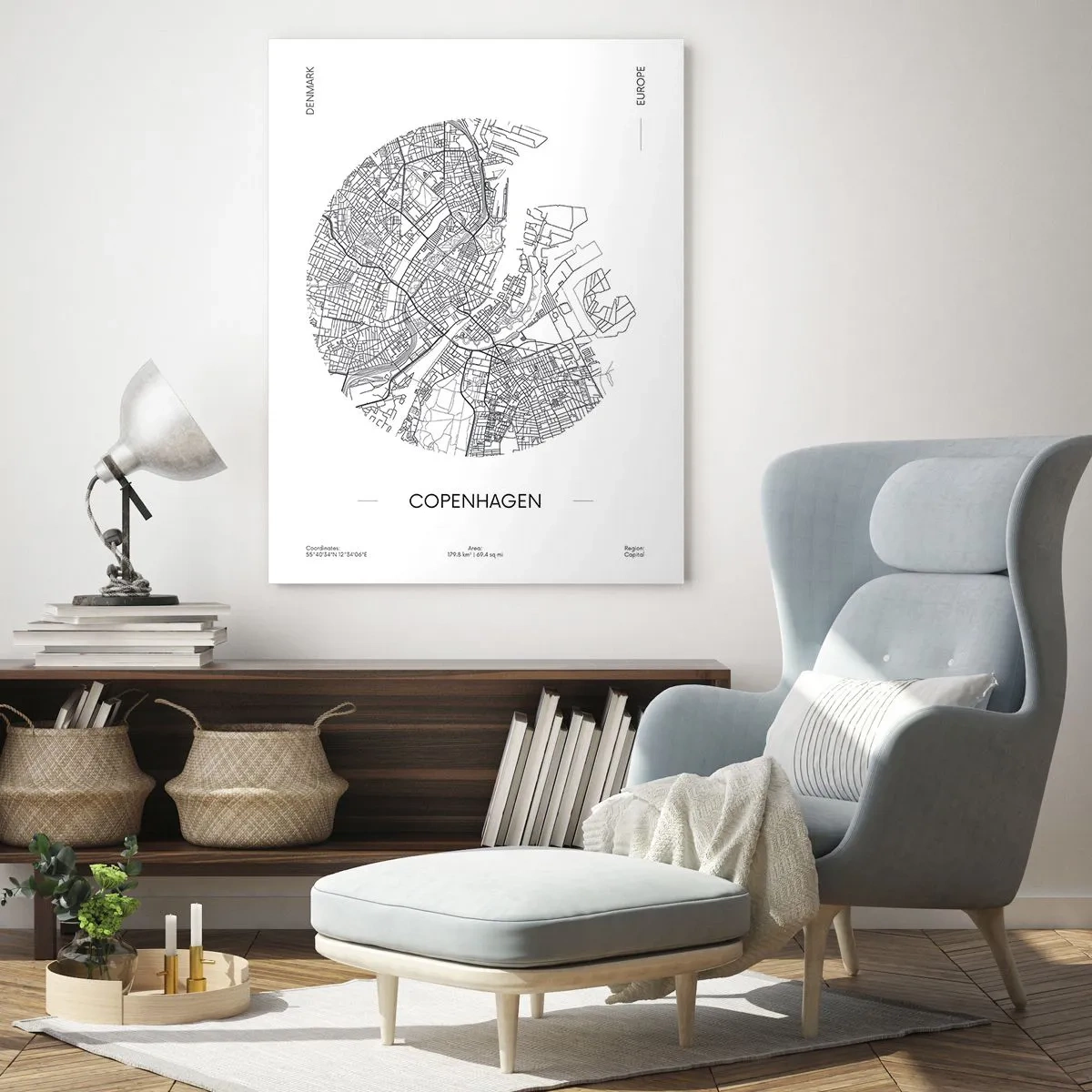 Impression sur verre - Image sur verre - Une carte de Copenhague sous la forme d'un croquis de rue graphique - 50x70cm - Anatomie de Copenhague - Décoration murale moderne pour le salon et la chambre ARTTOR