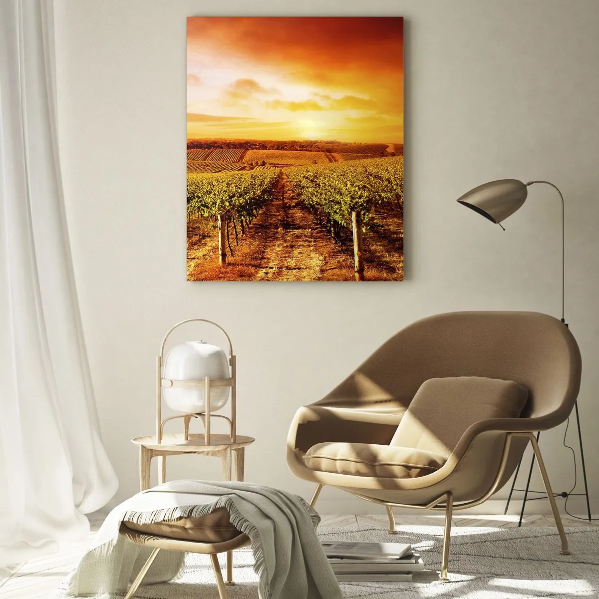 Impression sur verre - Image sur verre - Vignes dans un champ au coucher du soleil - 50x70cm - Légèrement fruité avec une pointe de soleil - Décoration murale moderne pour le salon et la chambre ARTTOR