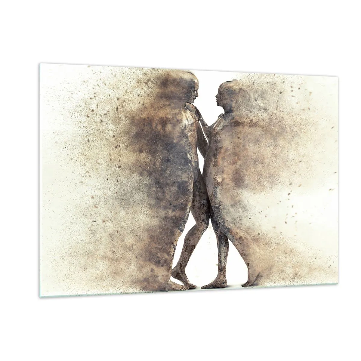 Impression sur verre - Image sur verre - Silhouettes abstraites de deux personnages dans un style poussiéreux - 120x80cm - Ils sont sortis de la poussière pour aimer - Décoration murale moderne pour le salon et la chambre ARTTOR