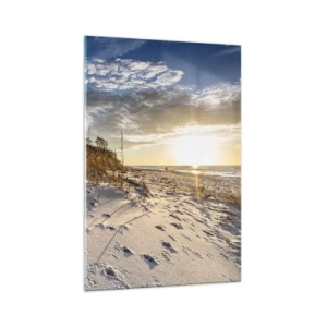 Impression sur verre - Image sur verre - Dunes avec de l'herbe et des empreintes de pas dans le sable au coucher du soleil - 70x100cm - Invitation à la ballade - Décoration murale moderne pour le salon et la chambre ARTTOR