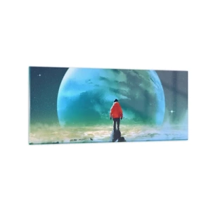Impression sur verre - Image sur verre - Un homme portant une veste rouge debout devant une grande planète avec des étoiles en arrière-plan. - 120x50cm - Explorateur de la nouvelle terre - Décoration murale moderne pour le salon et la chambre ARTTOR