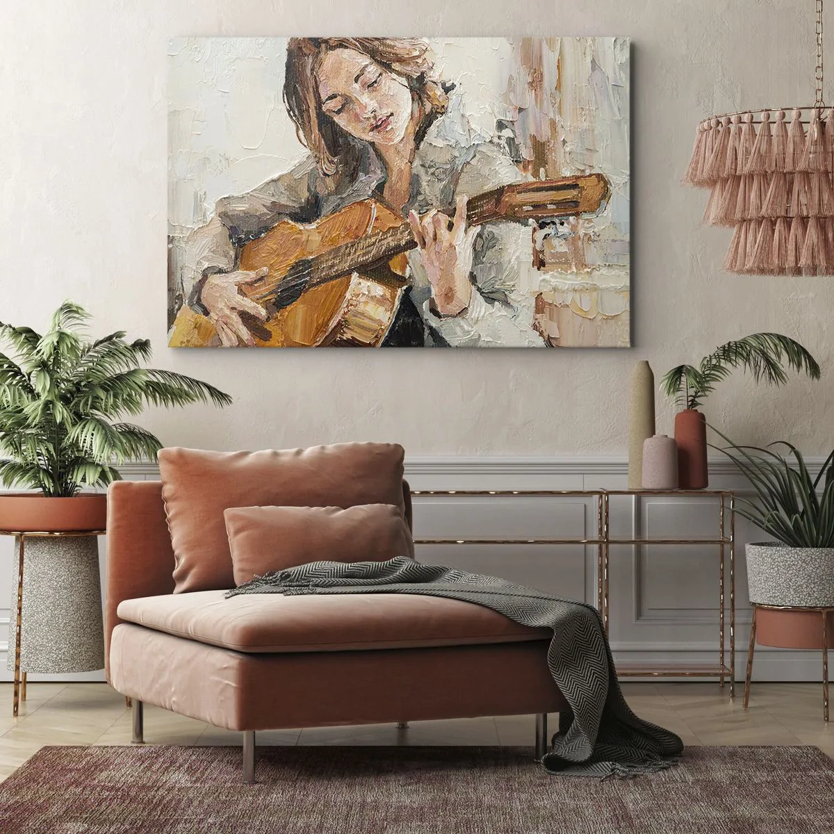 Impression sur toile - Image sur toile - Portrait d'une fille jouant de la guitare dans un style pictural aux couleurs chaudes. - 120x80cm - Concerto pour guitare et coeur de fille - Décoration murale moderne pour le salon et la chambre ARTTOR