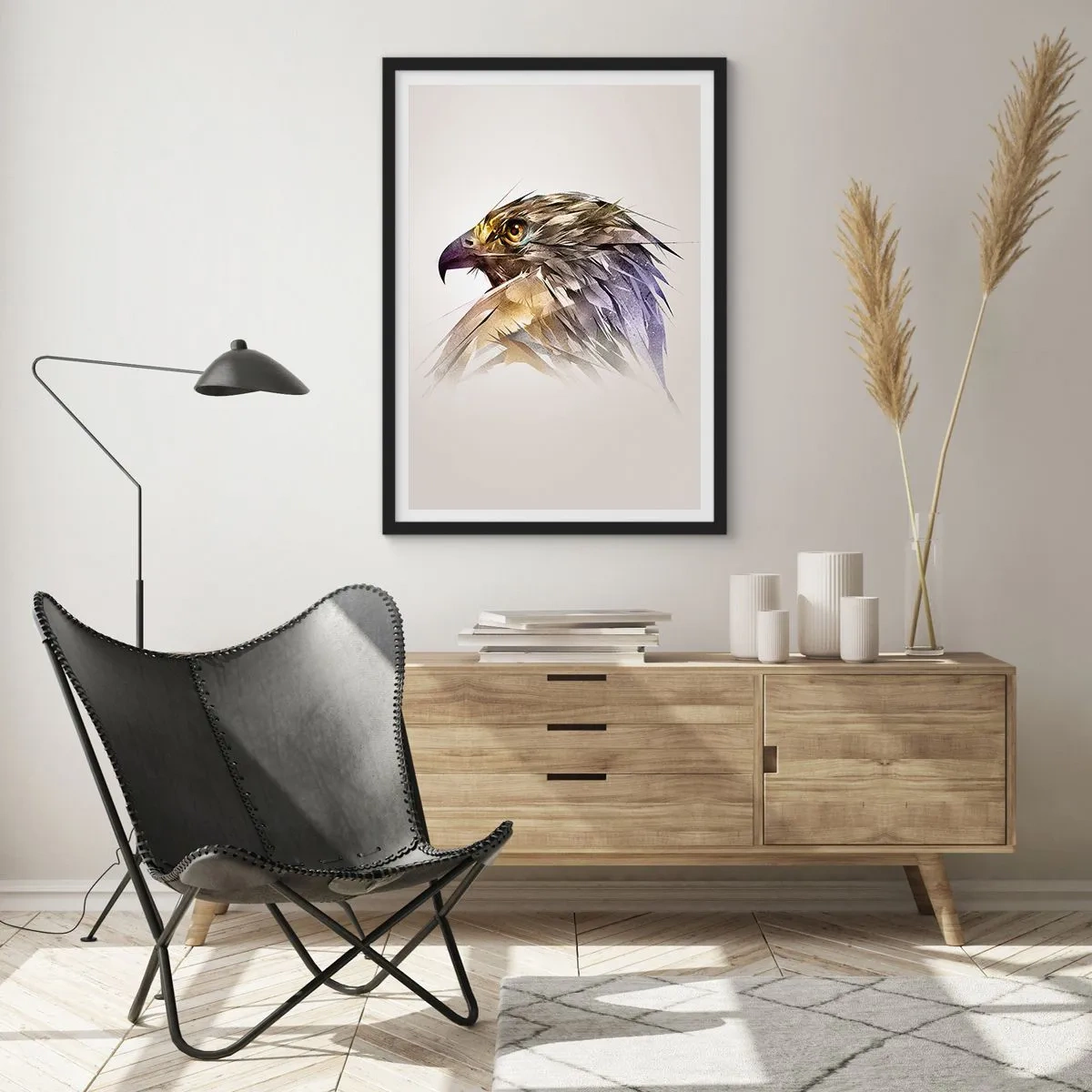 Affiche dans un cadre noir - Poster - Un portrait artistique d'un aigle dans les tons beige et violet. - 50x70cm - Portrait d'un guerrier - Décoration murale moderne pour le salon et la chambre ARTTOR