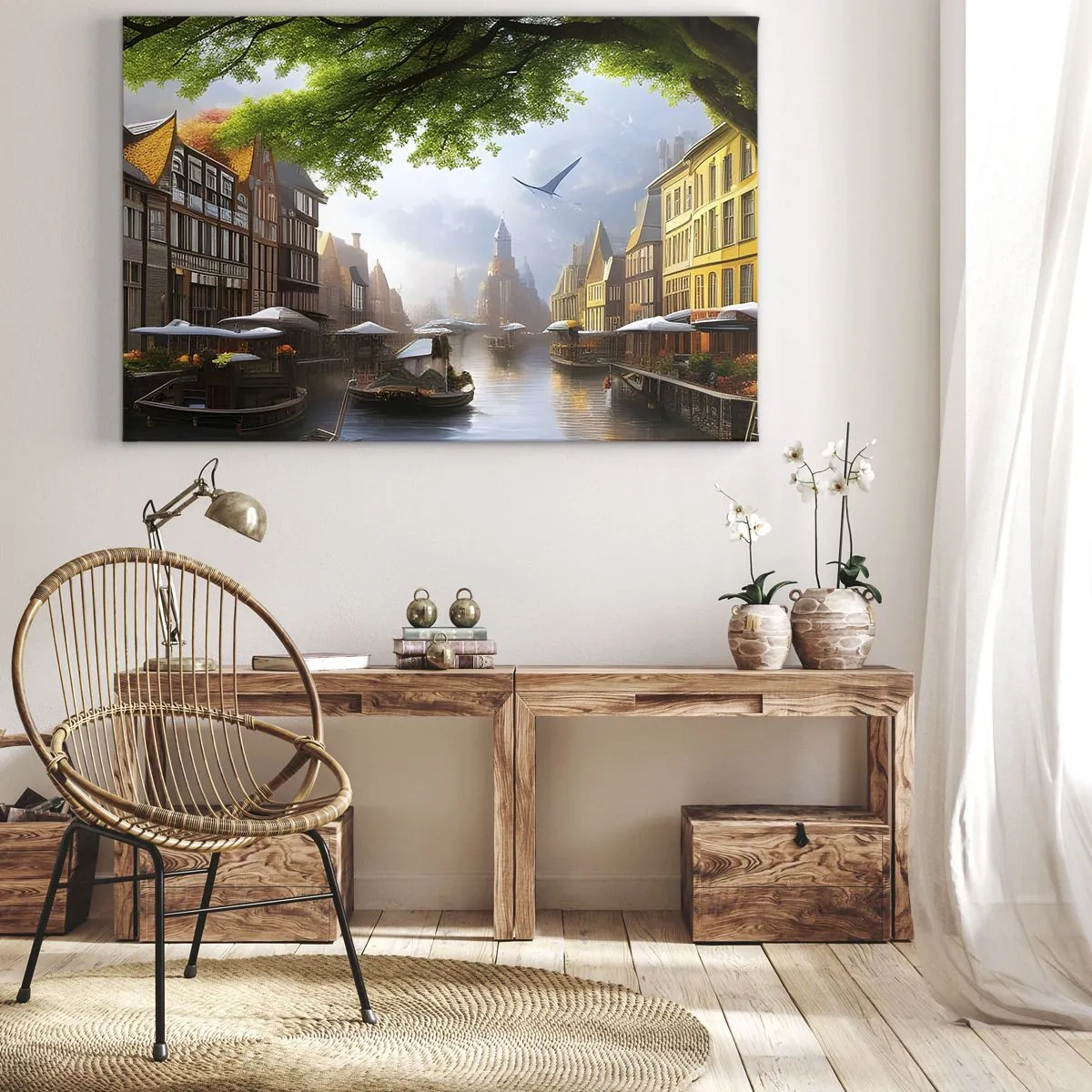 Impression sur toile - Image sur toile - Un paysage hollandais pittoresque avec un canal et des maisons de rapport - 70x50cm - Paysage urbain néerlandais - Décoration murale moderne pour le salon et la chambre ARTTOR