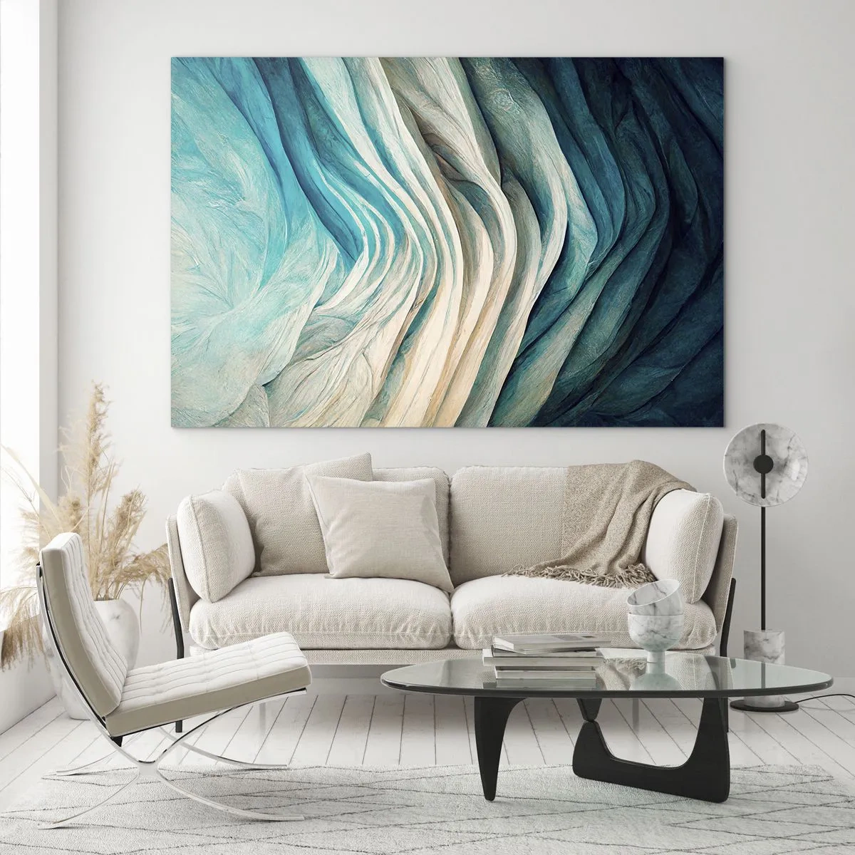 Impression sur verre - Image sur verre - Vagues abstraites dans les tons de bleu et de beige - 120x80cm - Insatiabilité bleue - Décoration murale moderne pour le salon et la chambre ARTTOR