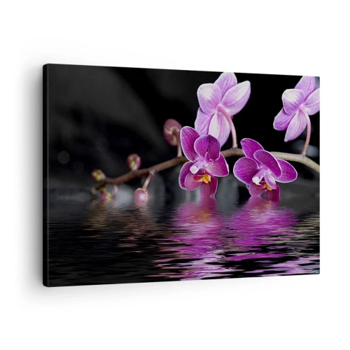 Impression sur toile - Image sur toile - Orchidées violettes sur une eau calme sur fond noir - 70x50cm - Reflet lilas de la beauté - Décoration murale moderne pour le salon et la chambre ARTTOR