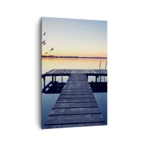 Impression sur toile - Image sur toile - Jetée en bois sur un lac au lever du soleil avec des oiseaux - 80x120cm - C'était une bonne journée - Décoration murale moderne pour le salon et la chambre ARTTOR