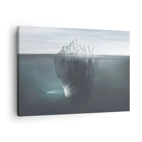 Impression sur toile - Image sur toile - Un iceberg dans l'eau avec un plongeur et un projecteur sous la surface. - 70x50cm - Mystère sous-marin - Décoration murale moderne pour le salon et la chambre ARTTOR