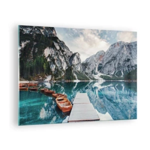 Impression sur verre - Image sur verre - Un pont en bois sur un lac turquoise dans les montagnes - 70x50cm - On va te montrer la beauté - Décoration murale moderne pour le salon et la chambre ARTTOR