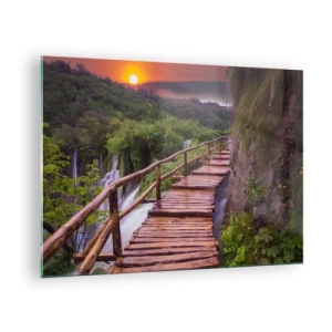Impression sur verre - Image sur verre - Un chemin en bois parmi la verdure au coucher du soleil - 70x50cm - La beauté au-delà de la croyance - Décoration murale moderne pour le salon et la chambre ARTTOR