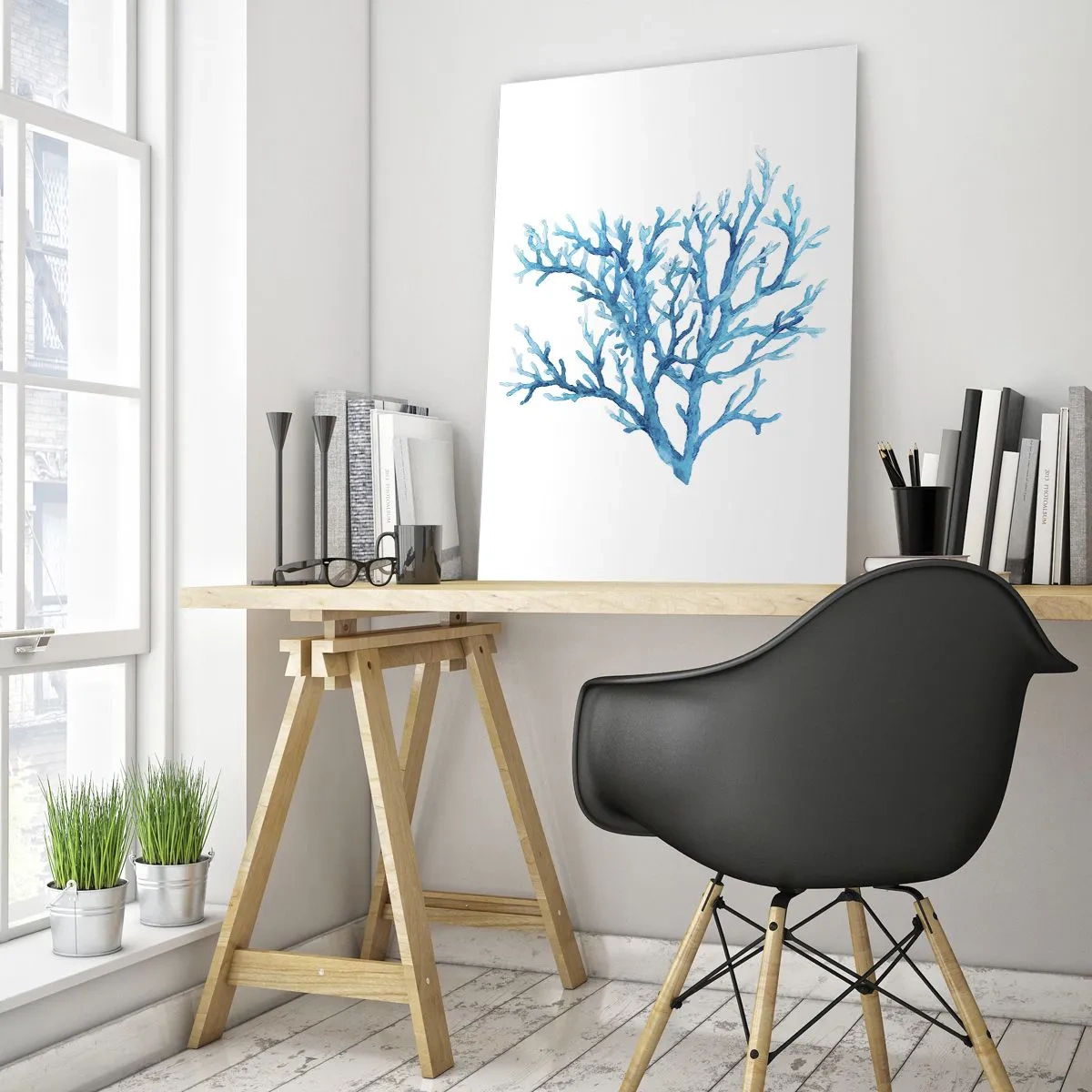 Impression sur verre - Image sur verre - Une aquarelle délicate représentant du corail bleu - 50x70cm - Filigrane nautique - Décoration murale moderne pour le salon et la chambre ARTTOR