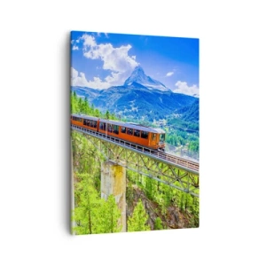 Impression sur toile - Image sur toile - Des montagnes russes sur un pont avec vue sur une cascade et des montagnes - 50x70cm - Train dans les Alpes - Décoration murale moderne pour le salon et la chambre ARTTOR