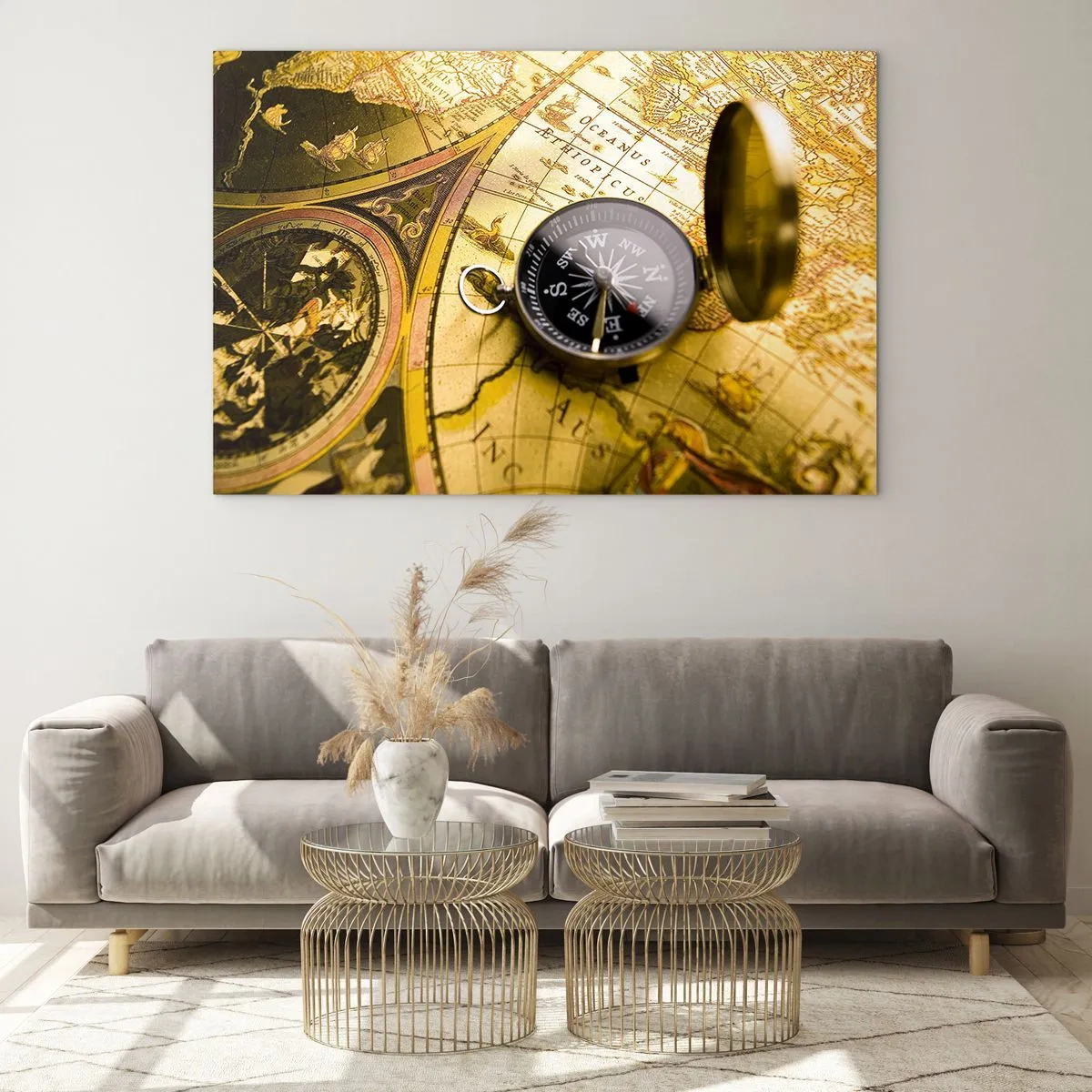 Impression sur verre - Image sur verre - Une carte dorée avec une boussole comme accent d'aventure - 70x50cm - Ou peut-être jusqu'au bout du monde ? - Décoration murale moderne pour le salon et la chambre ARTTOR
