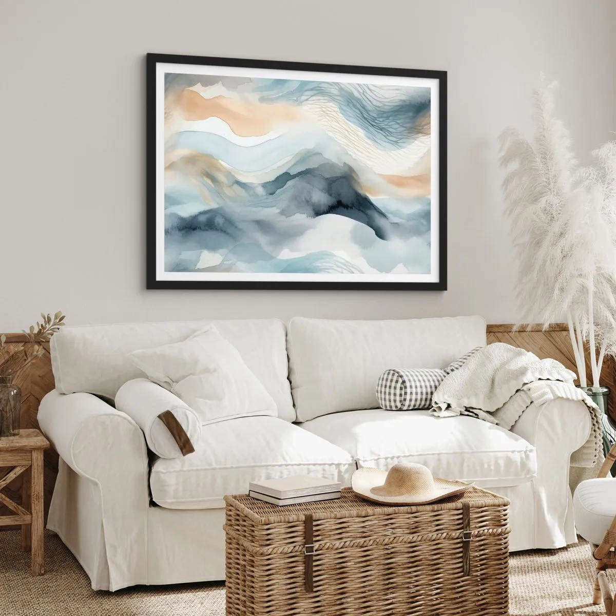 Affiche dans un cadre noir - Poster - Une abstraction délicate avec un motif de montagne dans des tons pastel. - 70x50cm - Abstraction enneigée et brumeuse - Décoration murale moderne pour le salon et la chambre ARTTOR